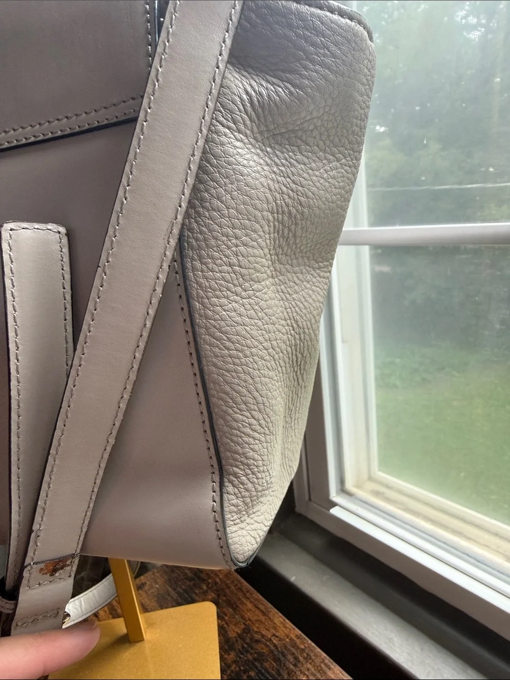kate spade light gray leather satchel with orange polka-dot scarf